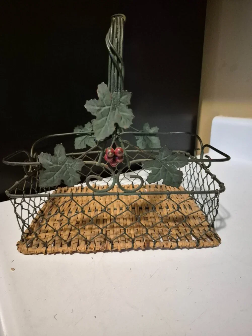 VINTAGE CHICKEN WIRE AND WICKER WRONGHT IRON BASKET